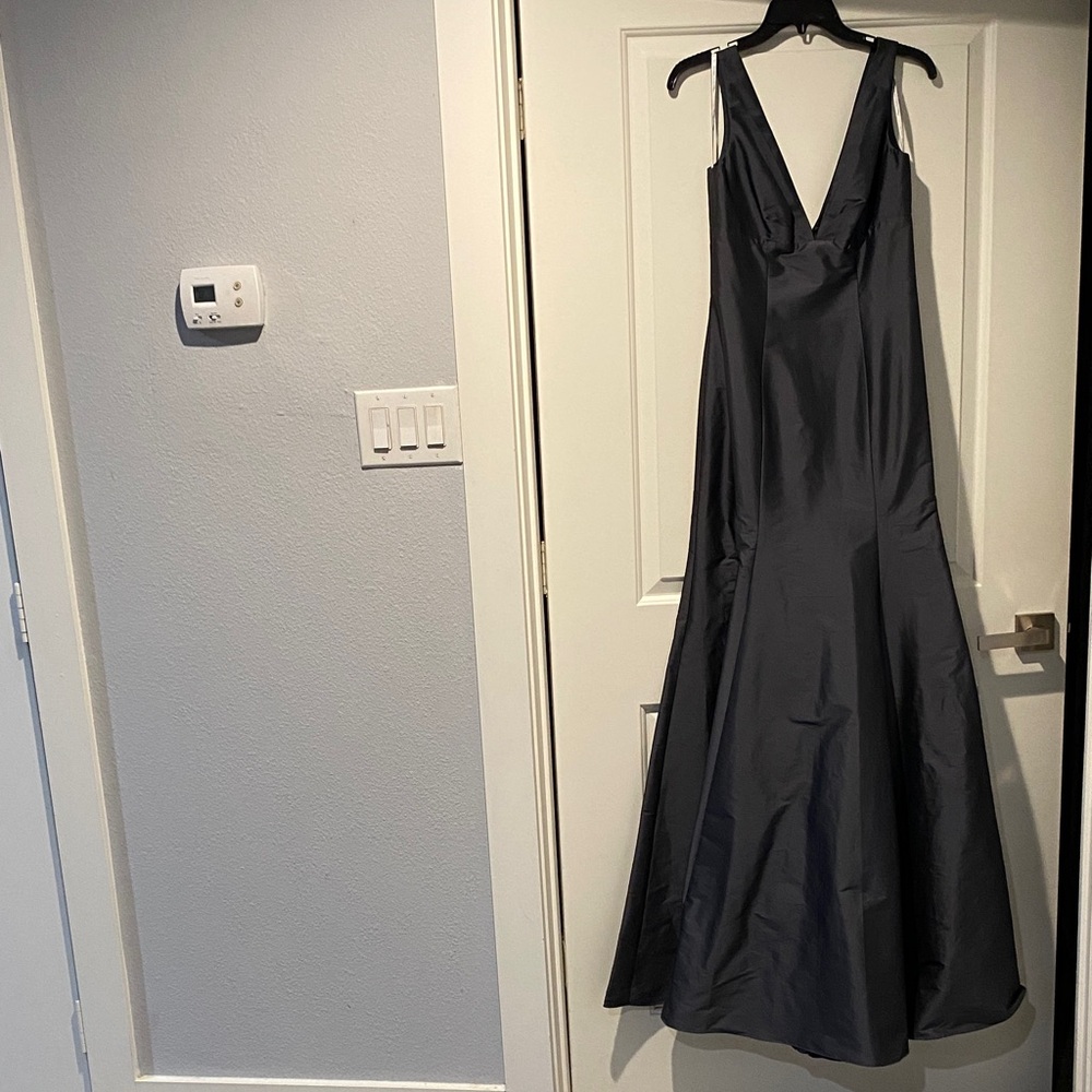 Monique Lhuillier Bridesmaid Elegant Charcoal color sheen Evening Gown